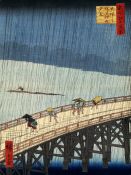 Hiroshige, Pintura Japonesa, oriental: Puente bajo la lluvia