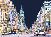 GRANVIA de Noche, Madrid en comic. Pintor ALCALA