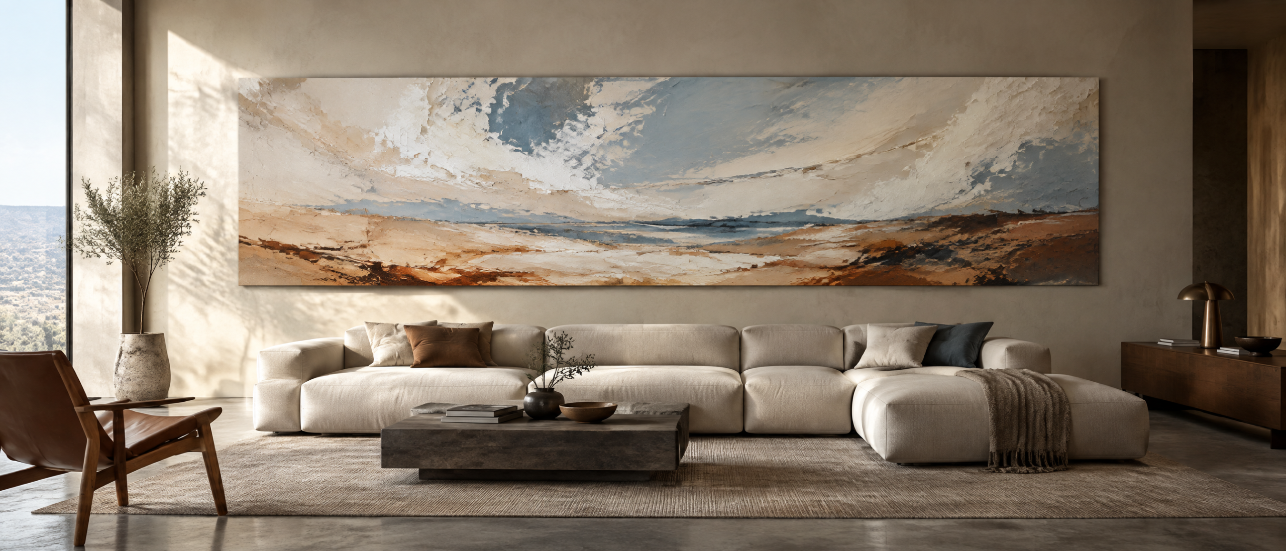 Composición abstracta horizontal en tonos suaves colocada sobre un sofá en un salón contemporáneo