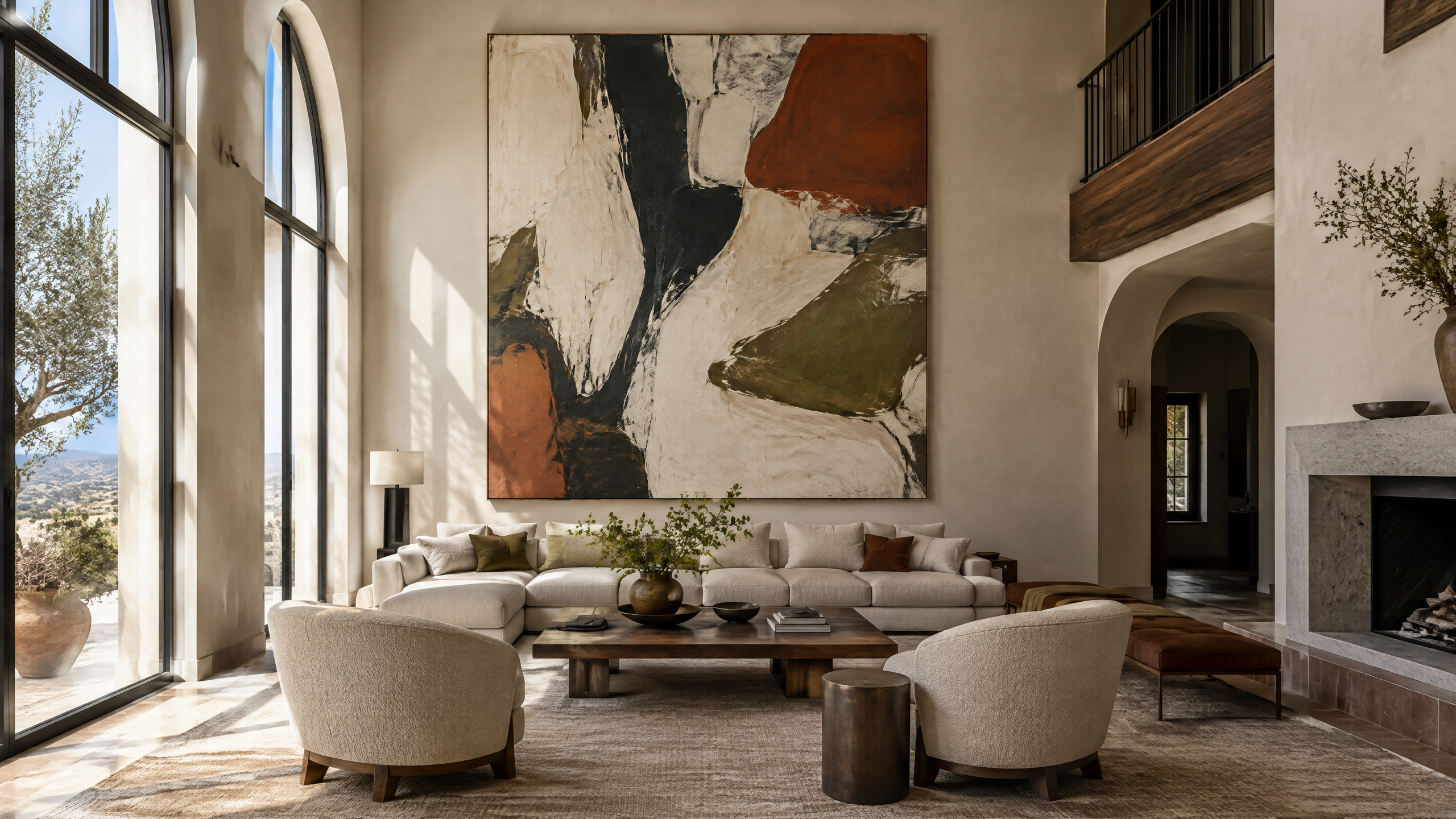 Salón contemporáneo con un cuadro abstracto grande centrado sobre un sofá neutro