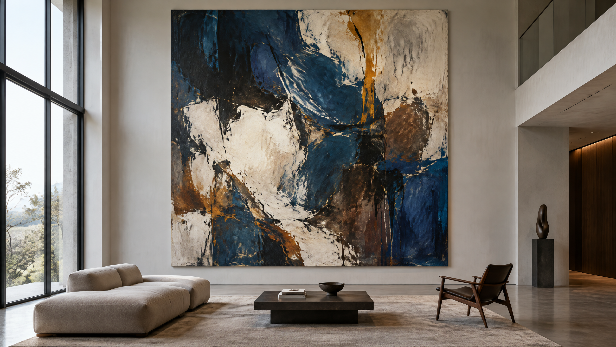 Pintura abstracta grande con tonos neutros y acentos cálidos sobre un sofá en un salón luminoso